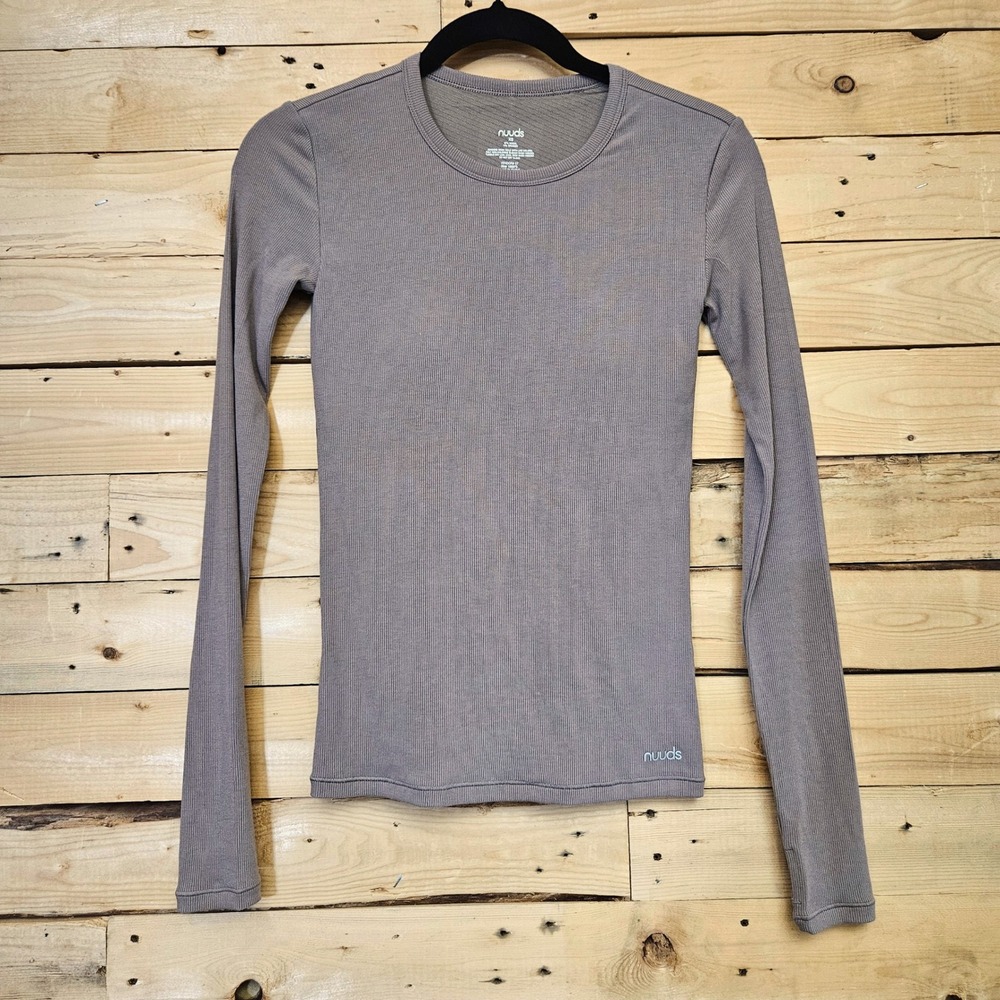 Nuuds Ribbed Long Sleeve Top Mauve Brown Built-in Bra Thumbholes XS